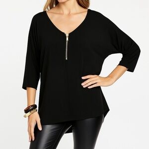 Chelsea & Theodore High-low Tunic 
Gold Zip Raglan ¾ Sleeve Casual Luxe Black S
